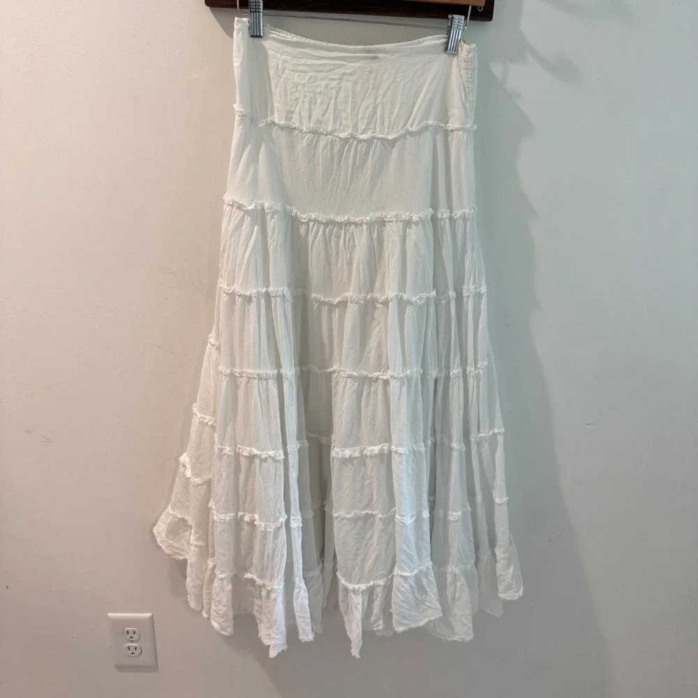 Free People White Cotton Gauze Tiered Maxi Skirt Smocked Waist OB986545 XS